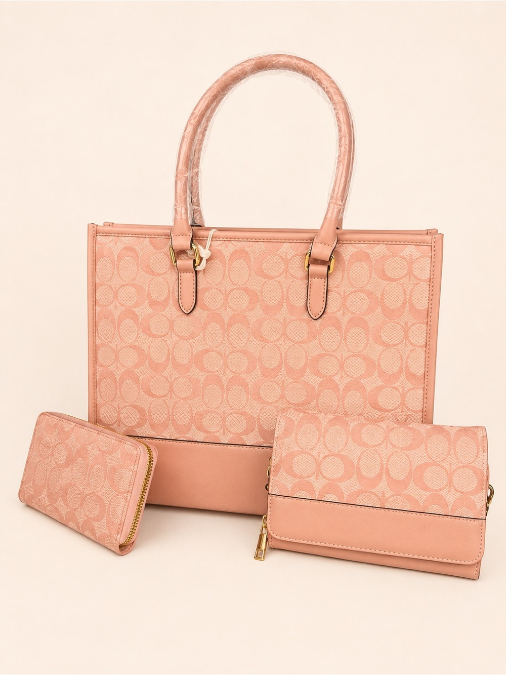 Pink Signature Monogram Tote with Matching Wallets